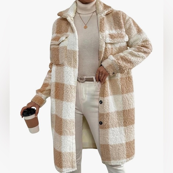 Brand New Tan Cream NWT White Sherpa Shacket Coat Plaid Button Down Shirt - Picture 1 of 12